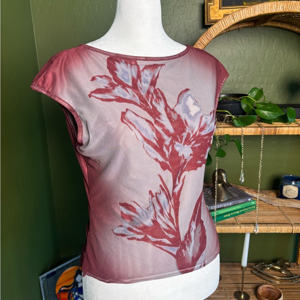 X-ray Print Floral Mesh Burgundy and Light Blue Cap Sleeve Top